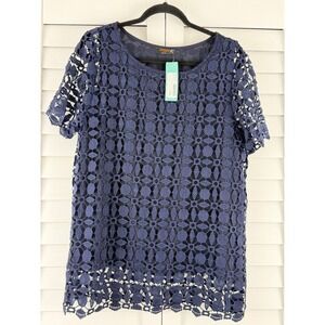Renee C Crochet Top Women XL Navy NEW Short Sleeve Geometric Lace Blouse